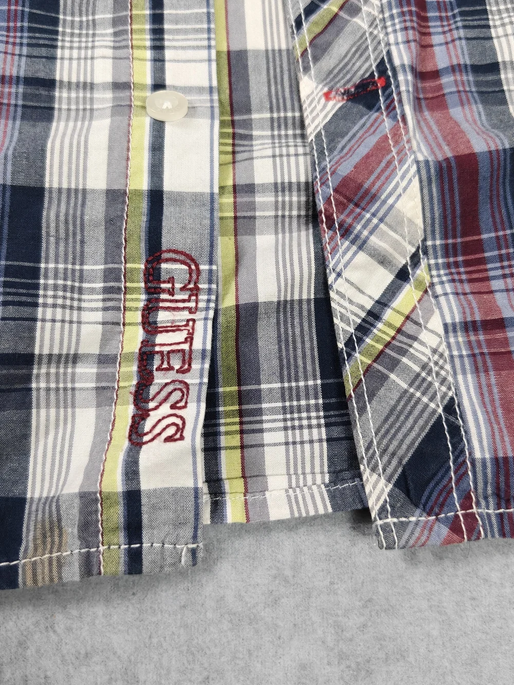 Guess Boys Plaid Button-Up Shirt in Navy, Red & White